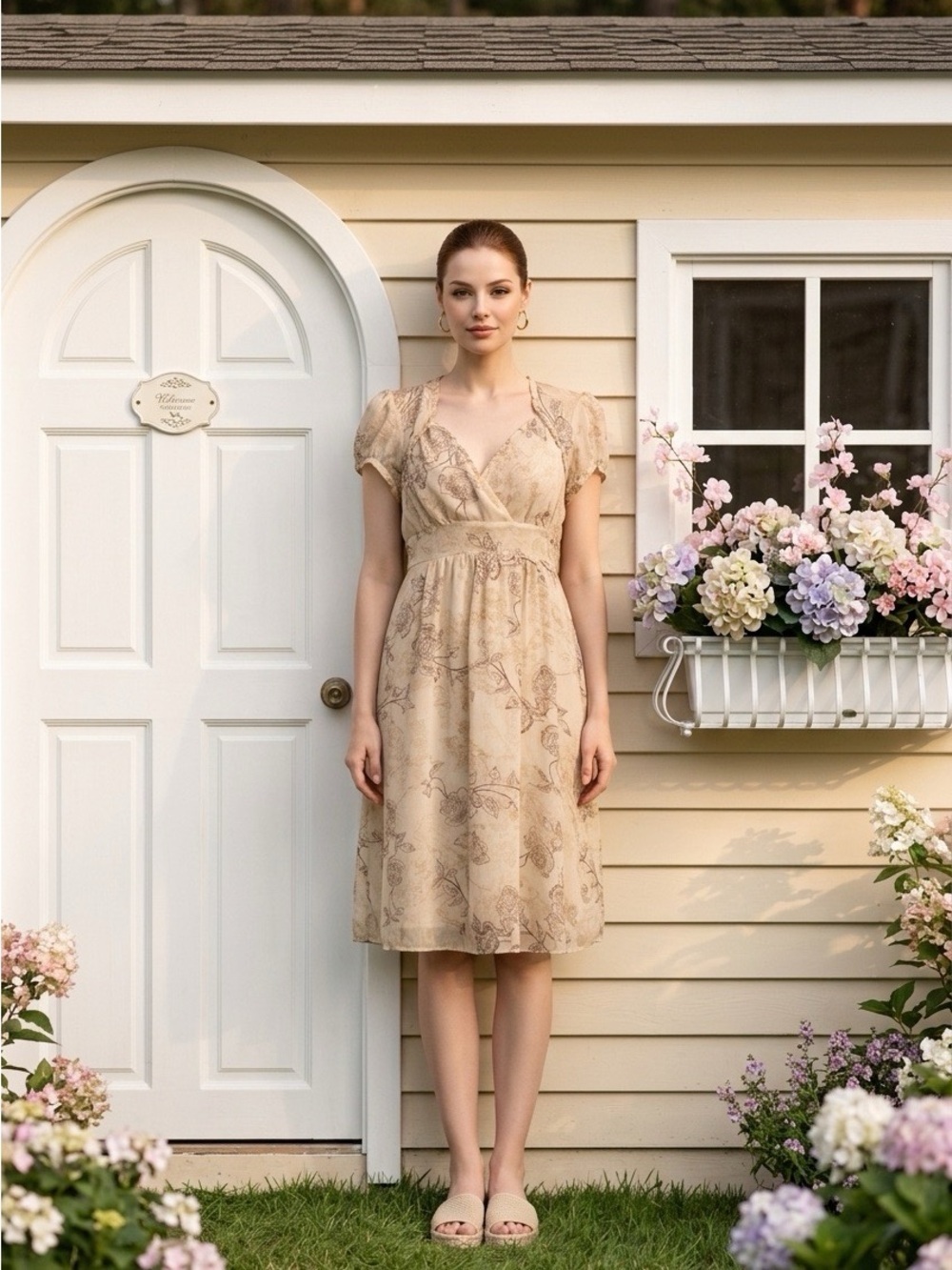 2236 - Kohl's Beige Sepia Floral Chiffon Midi Dress Cottagecore Empire Waist Ruf